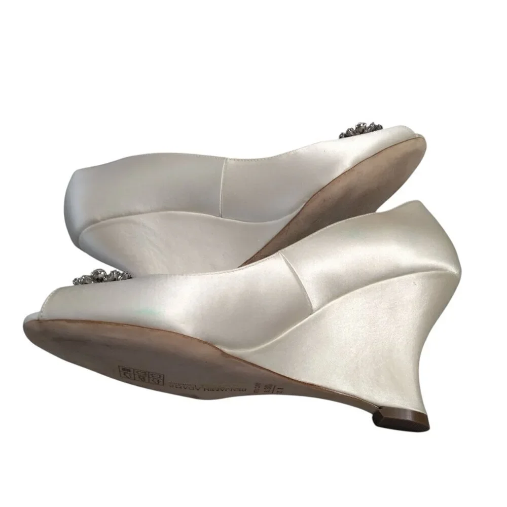 Benjamin Adams Helen Ivory Silk Satin Wedge Open Toe Swarovski Crystal Size 8
